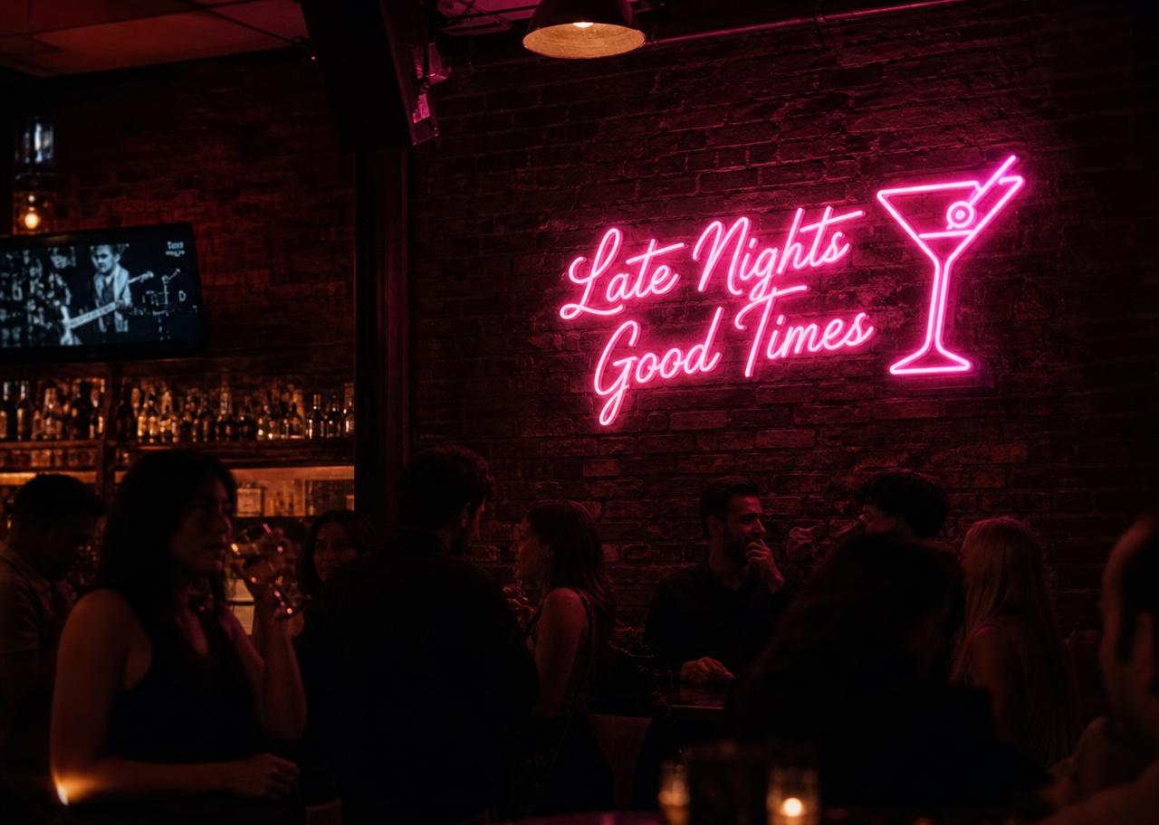 Late night neon sign at Bushell's bar