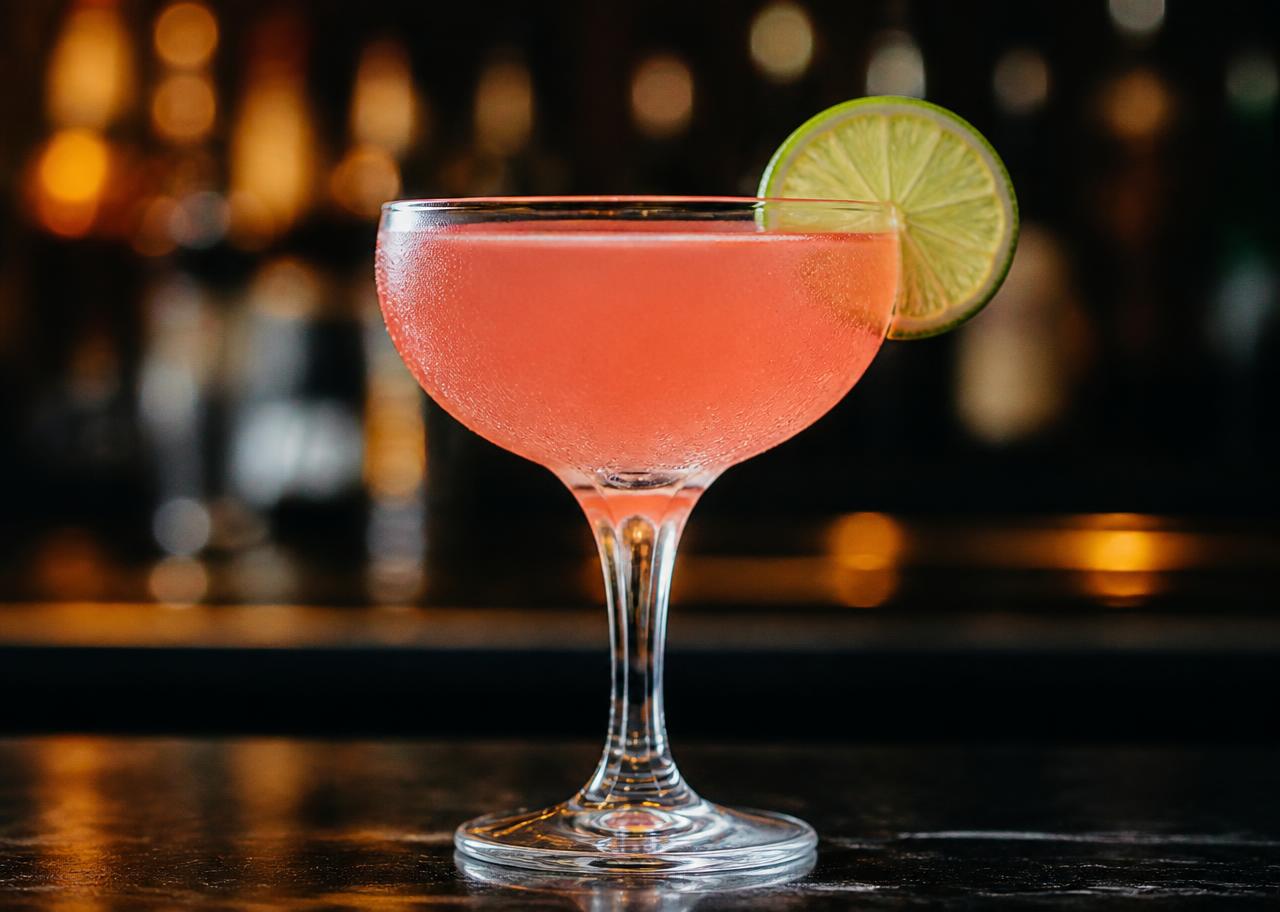 Pink signature cocktail with lime garnish